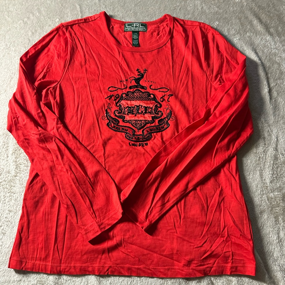 Ralph Lauren Red Long Sleeve Tee with Black Crest